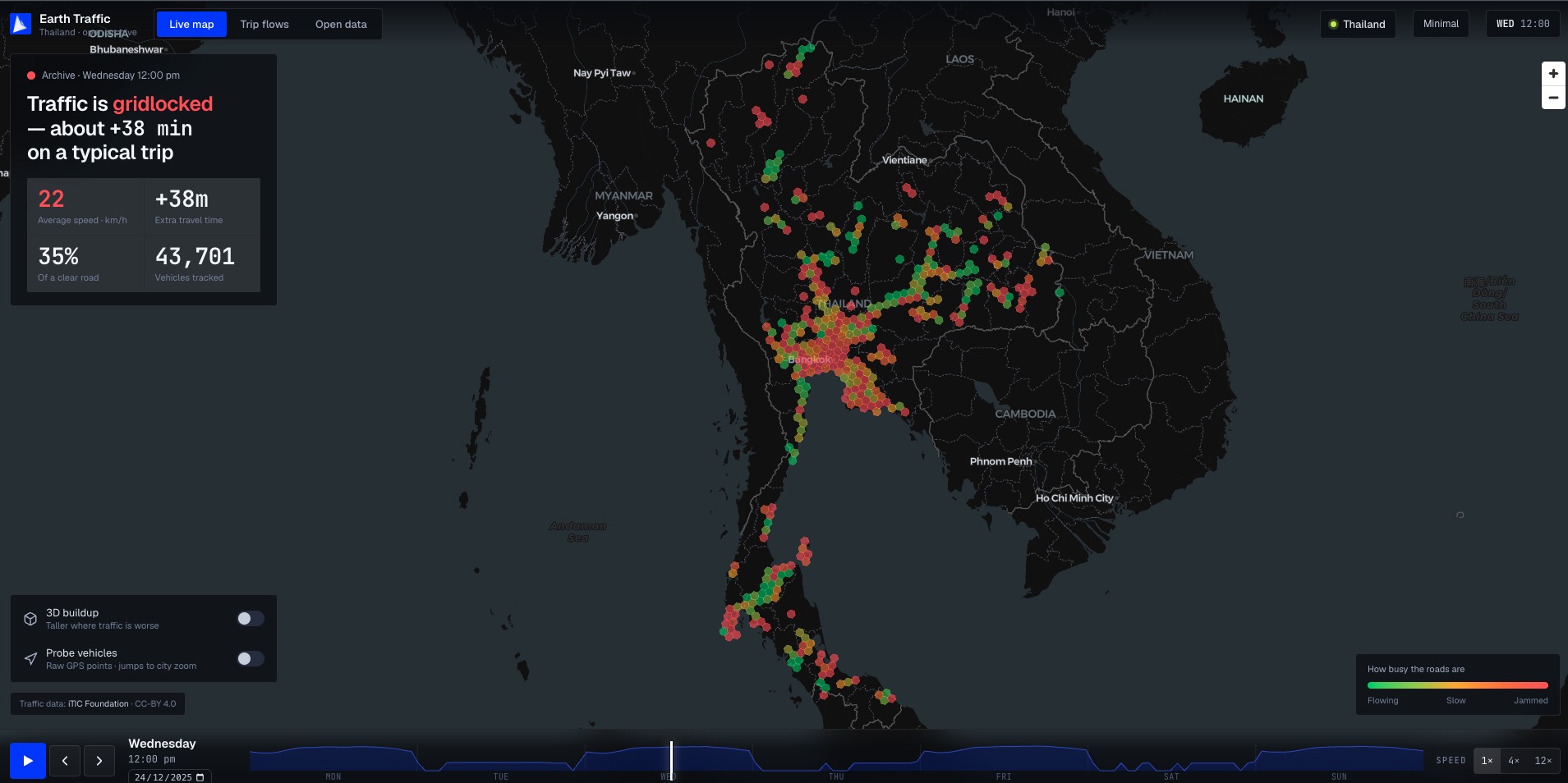 Earth Traffic replaying road congestion across a national road network, hour by hour